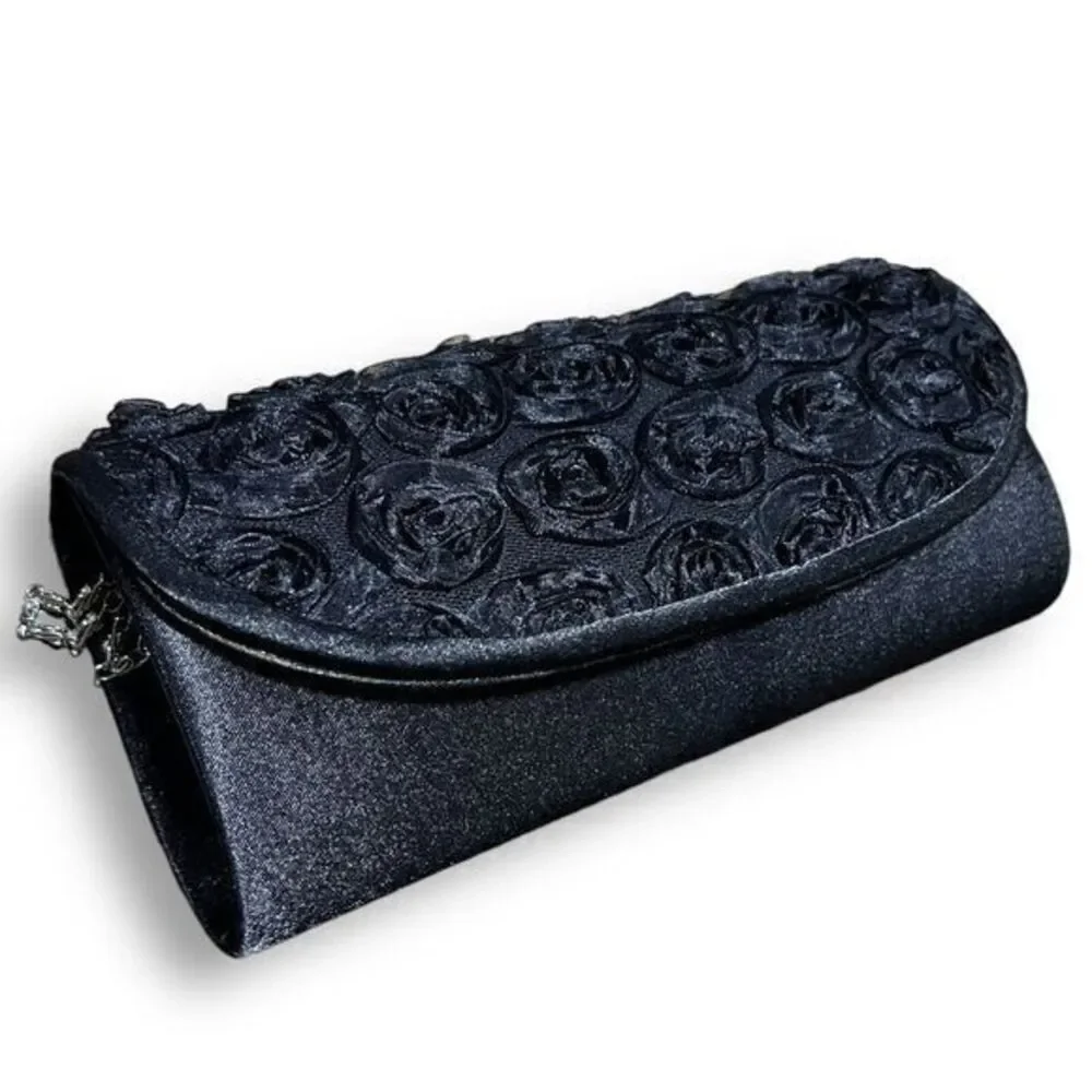 Charming Charlie Women's Black Floral Satin‎ Chain Strap Clutch Evening Bag NWT
